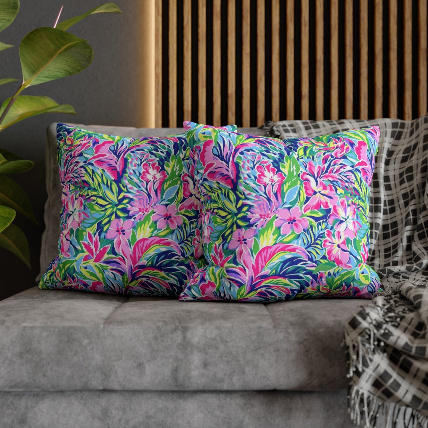 Tropical Serenity: Pink, Green, and Blue Watercolor Floral Delight Spun Polyester Square Pillowcase 4 Sizes