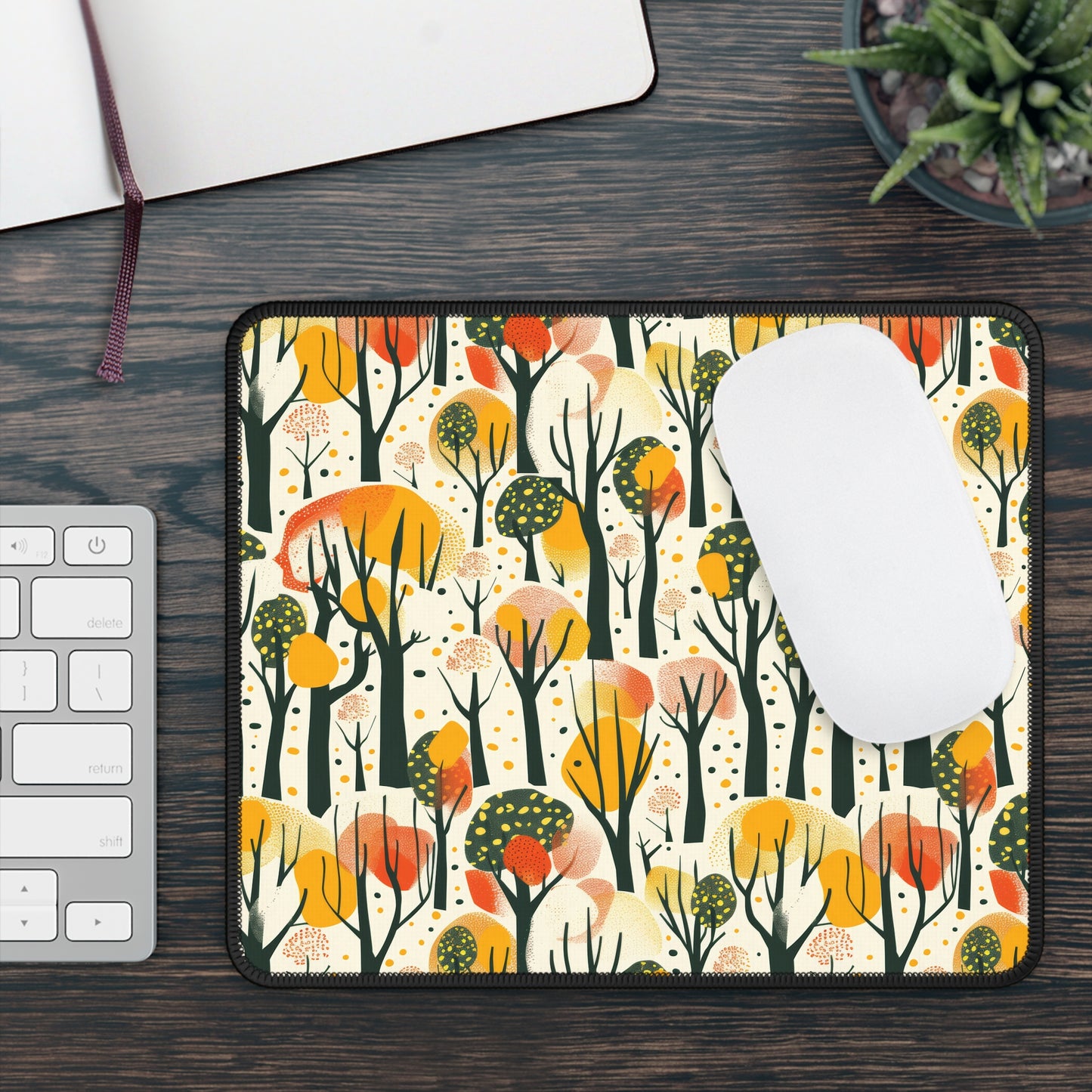 Enchanted Forest of Yellow and Orange Trees on a Speckled Cream Background Gaming Mouse Pad with Finished Edges