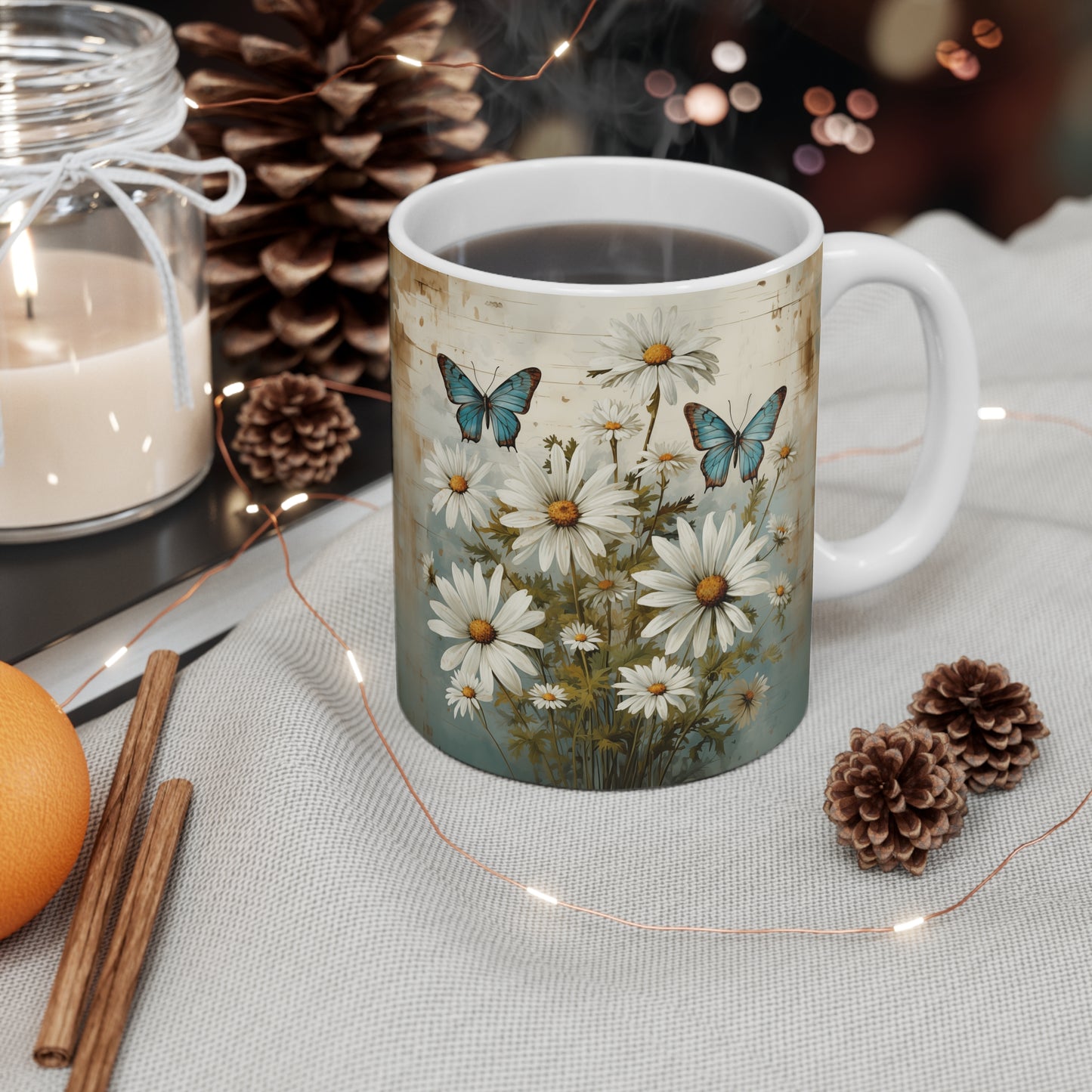 Rustic Farmhouse Daisy and Butterfly Design  - 11 oz Coffee