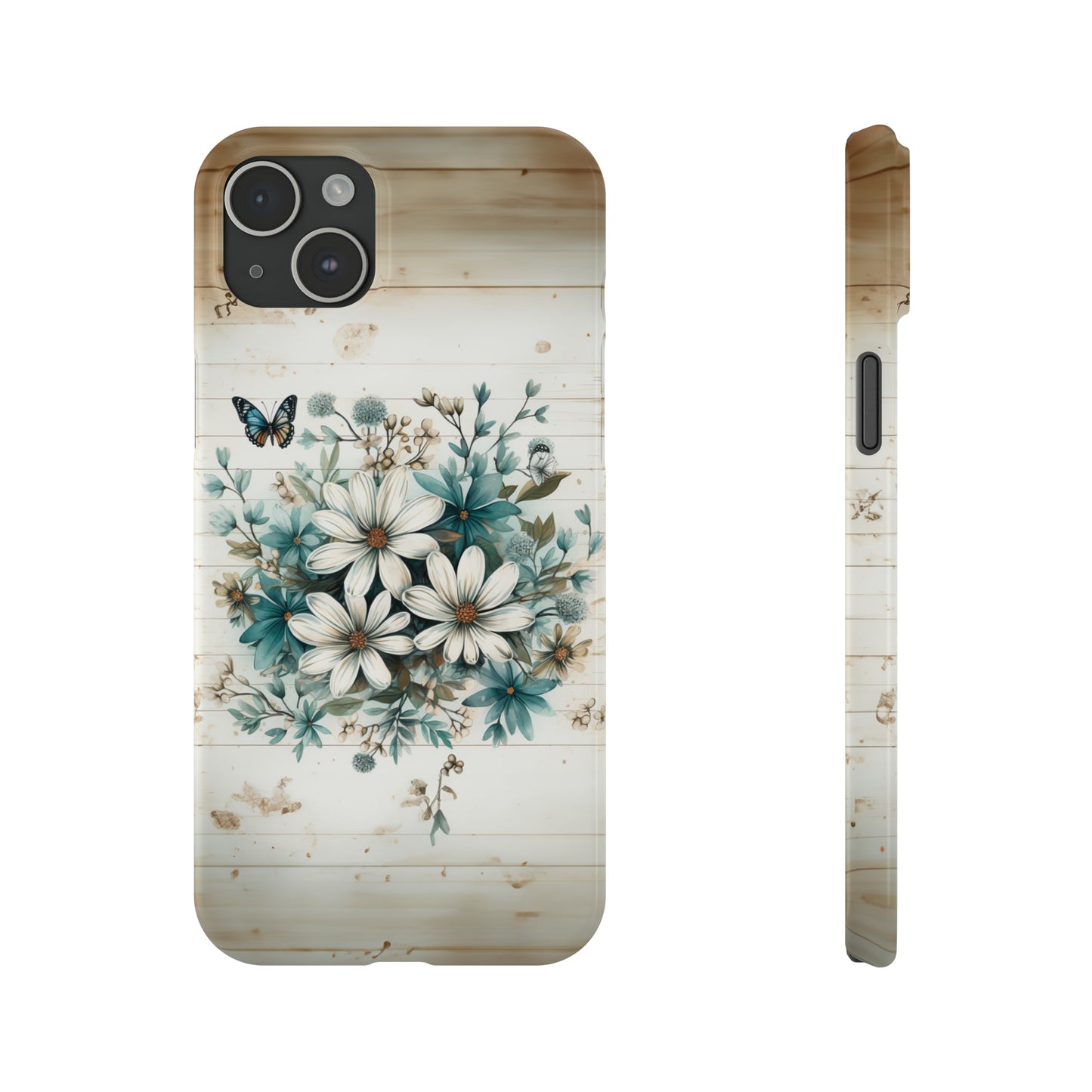 Rustic Charm Bouquet featuring Teal Accents White Wild Daisies with Butterflies  Iphone 15-12 Slim Phone Case