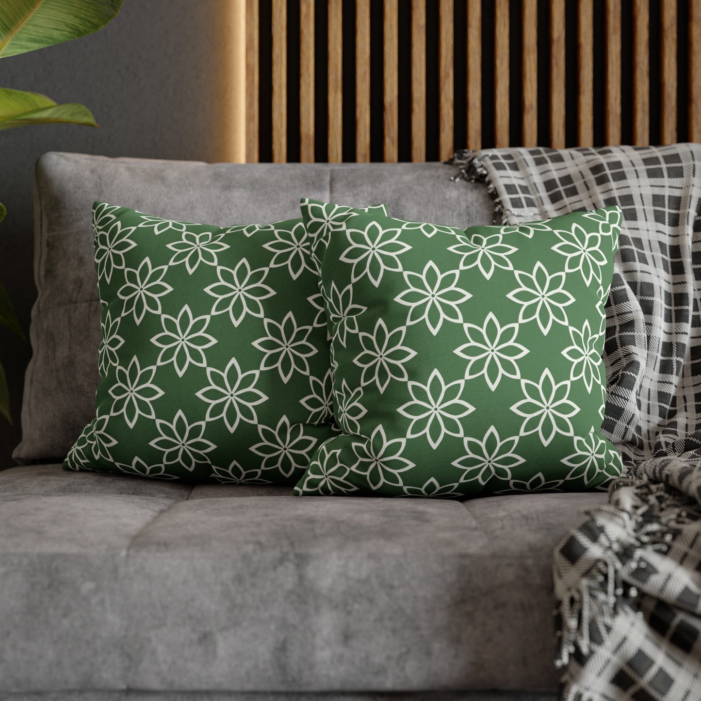 Modern Minimalist Green and White Geometric Floral Design Spun Polyester Square Pillowcase 4 Sizes