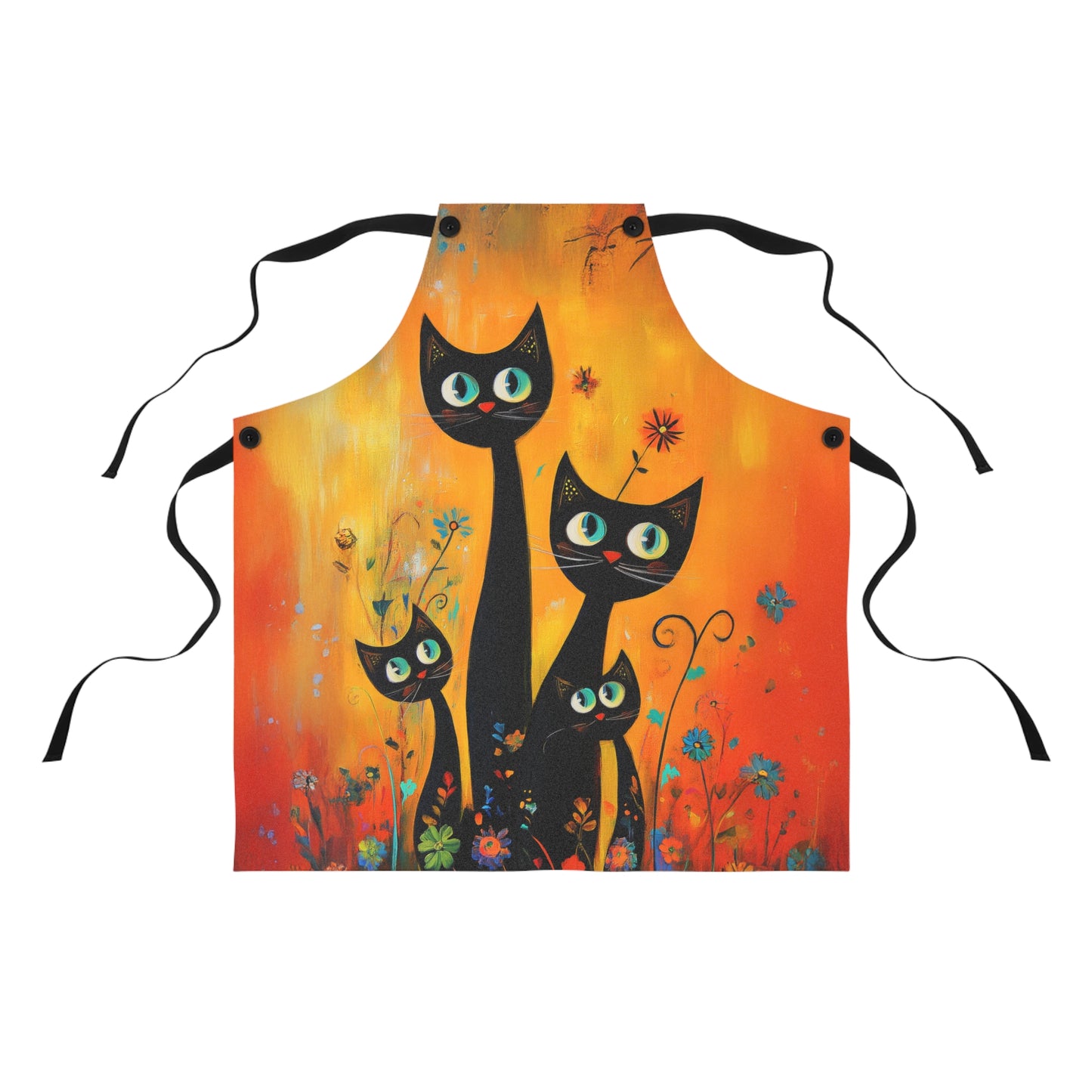 Playful Black Cats in a Vibrant Flower Garden Kitchen Chef Apron