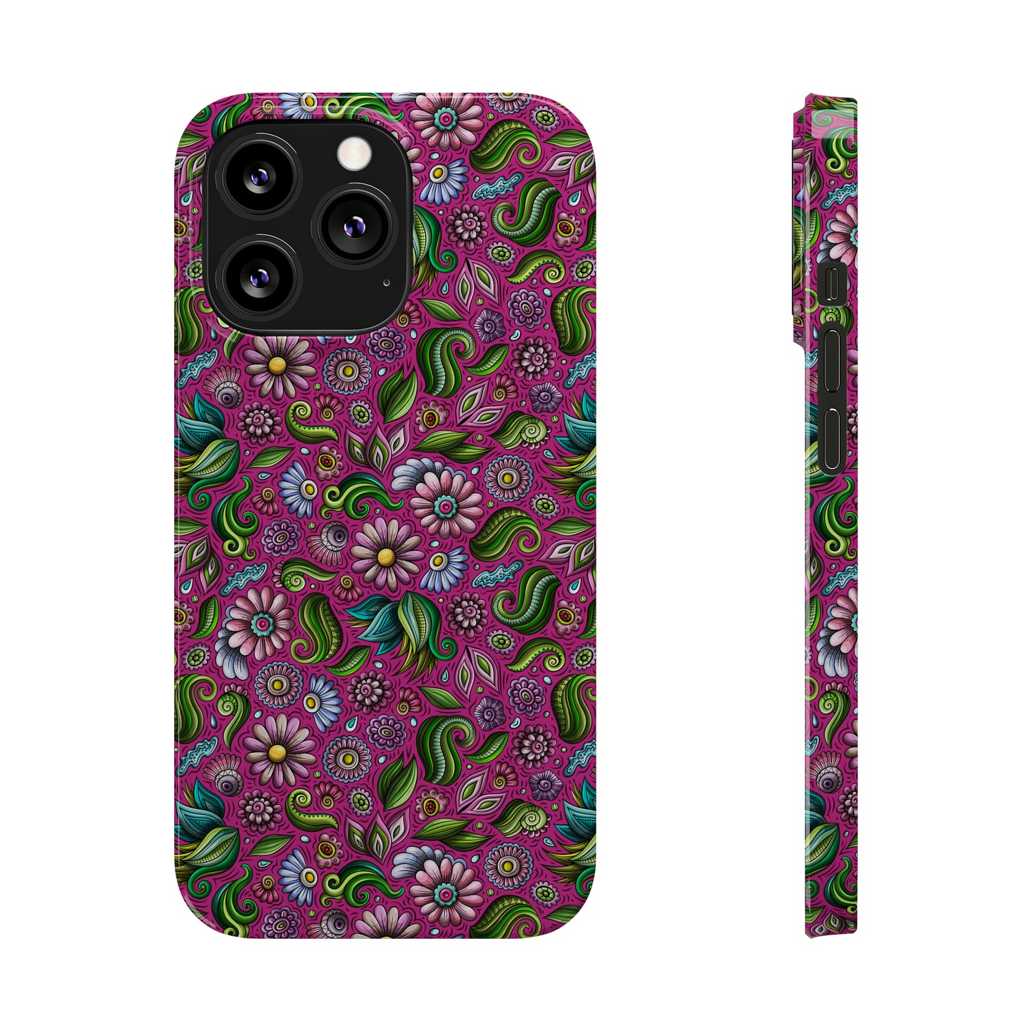 Purple & Pink Daisy Floral Print Hot Pink Background Iphone 15-12 Slim Phone Case