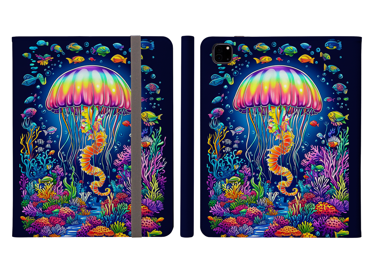 Colorful Ocean Jellyfish and Coral Reef Art Ipad Pro 11 & Pro 12.9 Protective Case and Pencil Holder