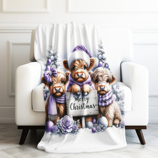 Baby Highland Cows Purple Merry Christmas Velveteen Plush Blanket 3 Sizes