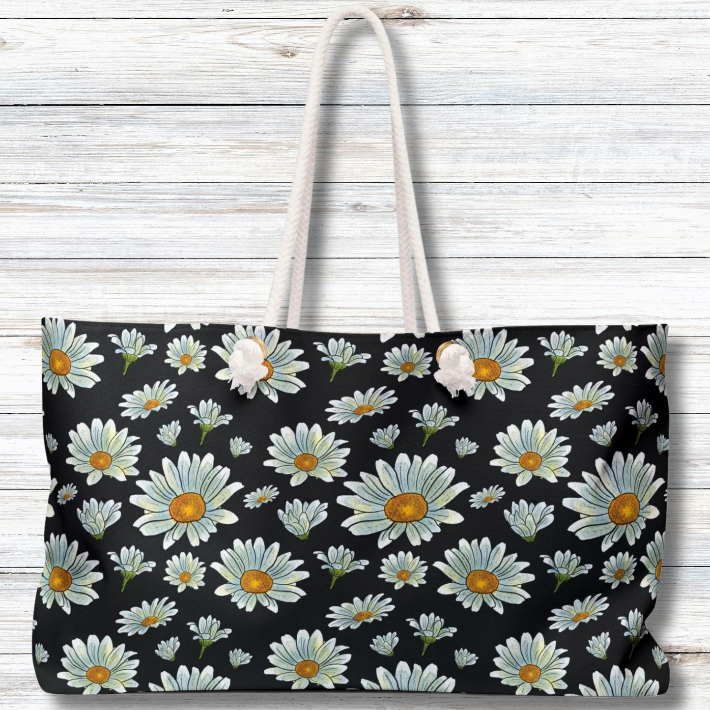 Large Watercolor Summer Daisies Blooming Against a Bold Black Background - Weekender Oversized Canvas Tote Bag 24" × 13"