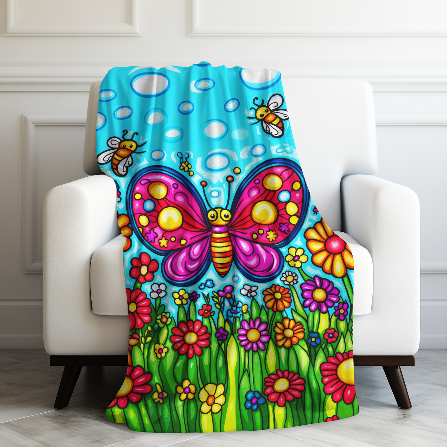 Butterfly Bliss with Bees and Blooming Flowers Velveteen Plush Blanket 3 Sizes