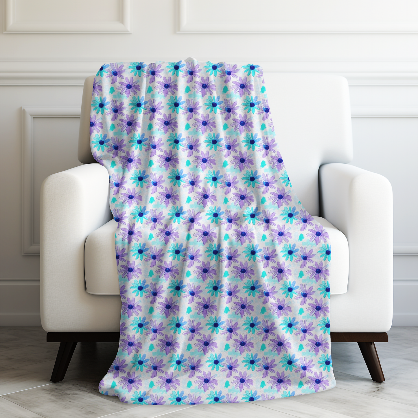 Daisy Flower Pattern in Cool Lavender and Aqua Hues Velveteen Plush Blanket 3 Sizes