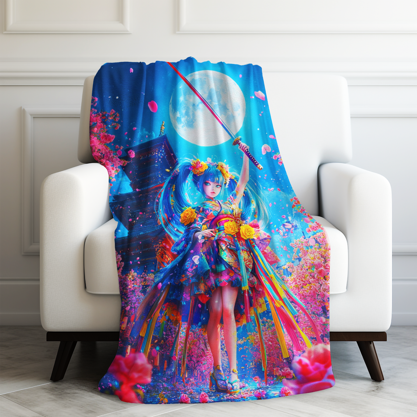 Samurai Warrior in Blossoms and Vibrant Kimono Under the Moonlight Velveteen Plush Blanket 3 Sizes