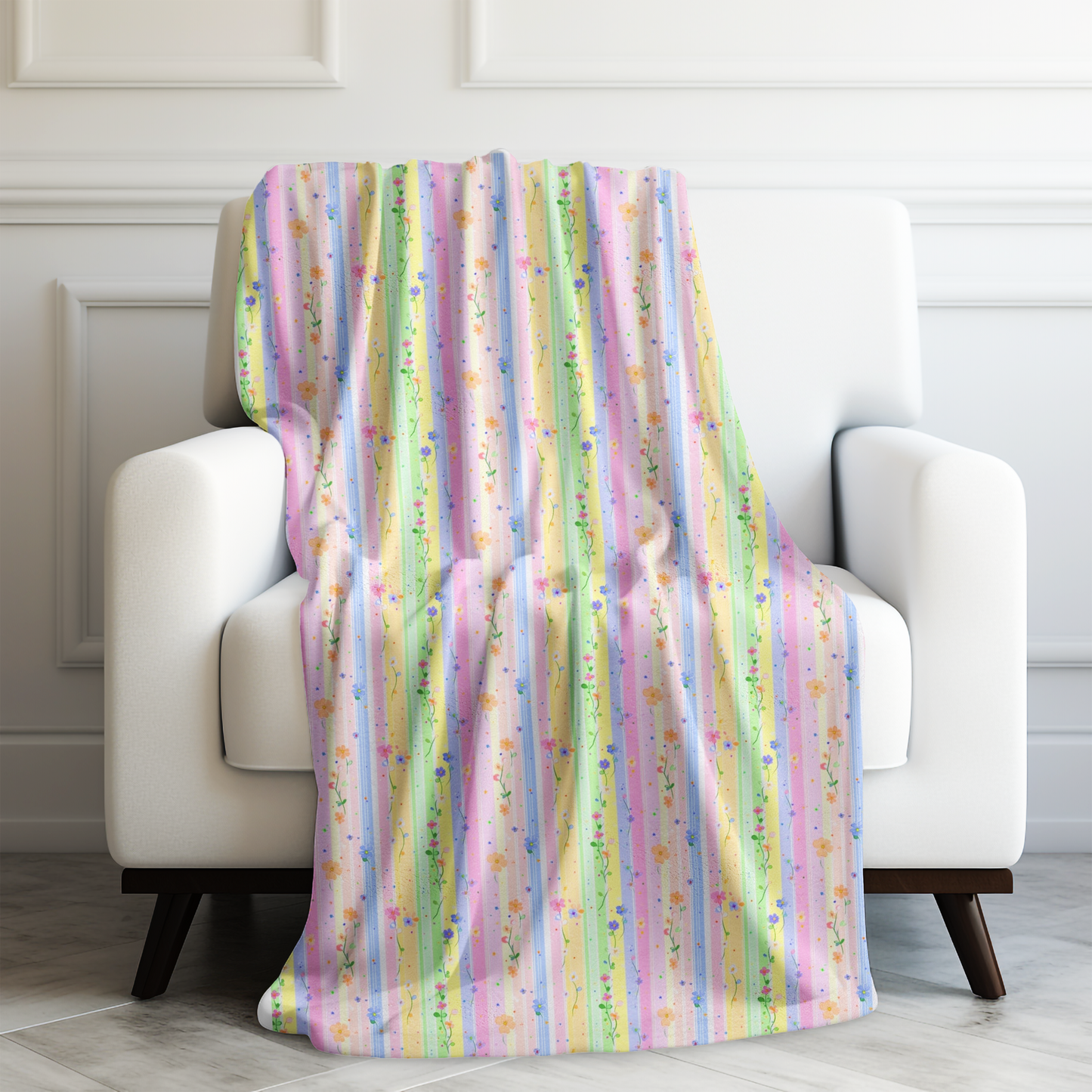 Pastel Garden of Stripes and Flowers Velveteen Plush Blanket 3 Sizes