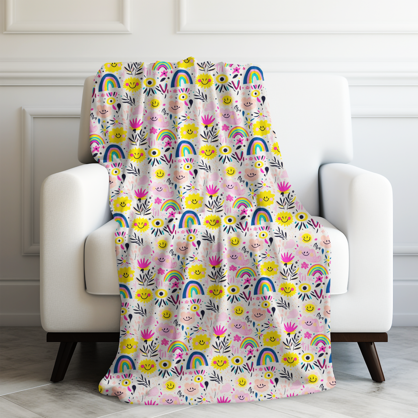 Retro Joy of Whimsical Smiling Flowers, Rainbows, and Playful Patterns Velveteen Plush Blanket 3 Sizes