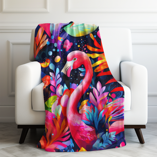 Vibrant Flamingo in a Jungle of Bold Colors and Leaves Velveteen Plush Blanket 3 Sizes