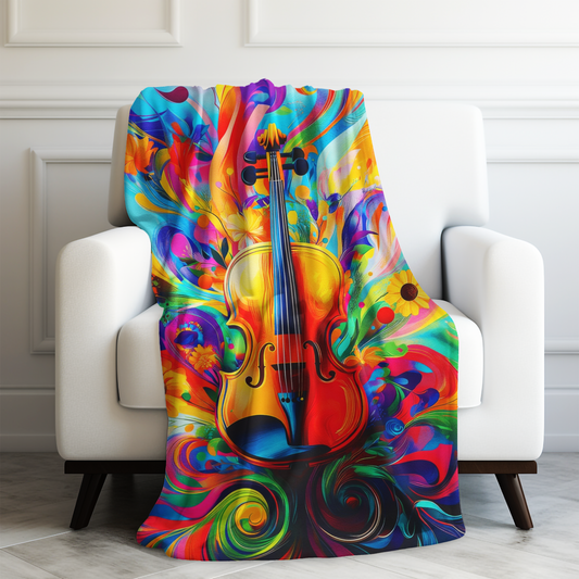 Vibrant Violin Artwork with Swirling Floral Accents Velveteen Plush Blanket 3 Sizes