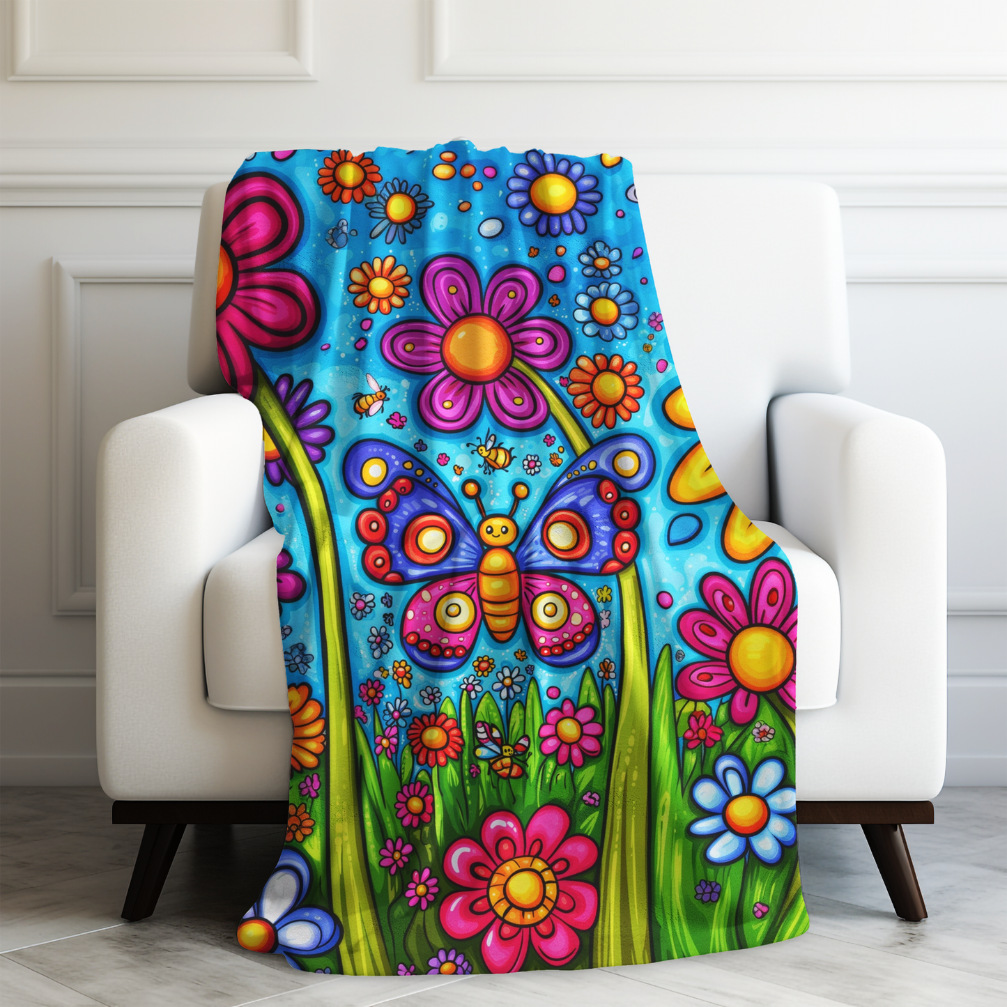 Vibrant Butterfly in Floral Fantasy with Bees and Blossoms Velveteen Plush Blanket 3 Sizes