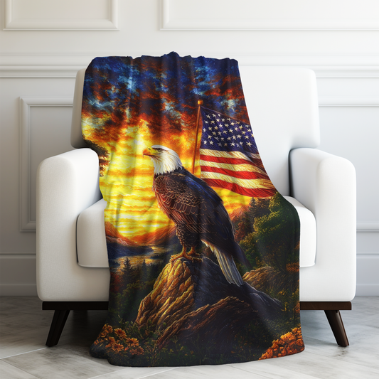 Majestic Bald Eagle with American Flag at Golden Sunset Velveteen Plush Blanket 3 Sizes