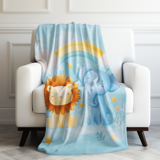 Safari Dreamscape of Adorable Lion and Elephant with Rainbow and Stars Velveteen Plush Blanket 3 Sizes