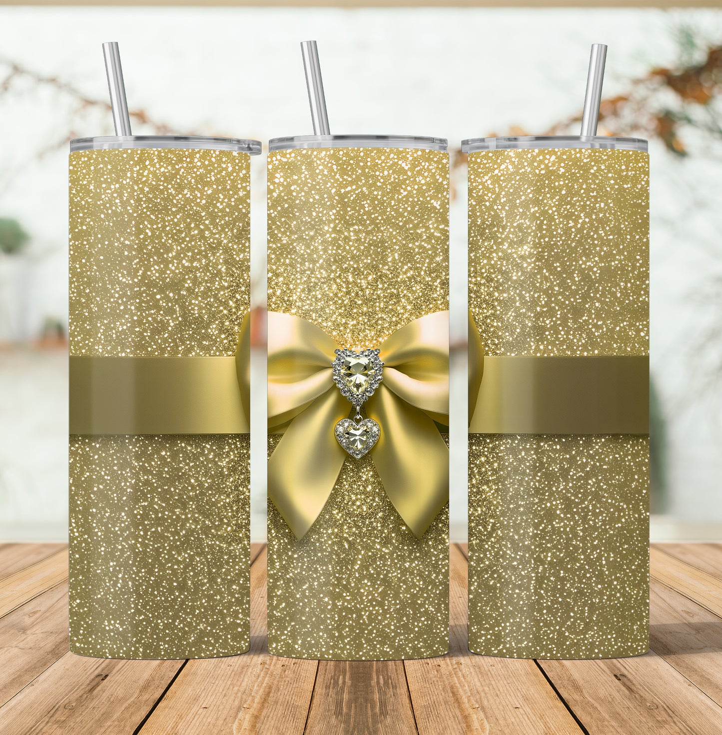 Bling Sparkle Coquette Bow and Jewels Glam Gold Seamless Design 20 oz Skinny Tumbler