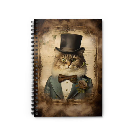 Vintage Steampunk Cat Dressed in Top Hat and Bow Tie, Evoking Classic Style - Spiral Notebook Ruled Line 6"x8"