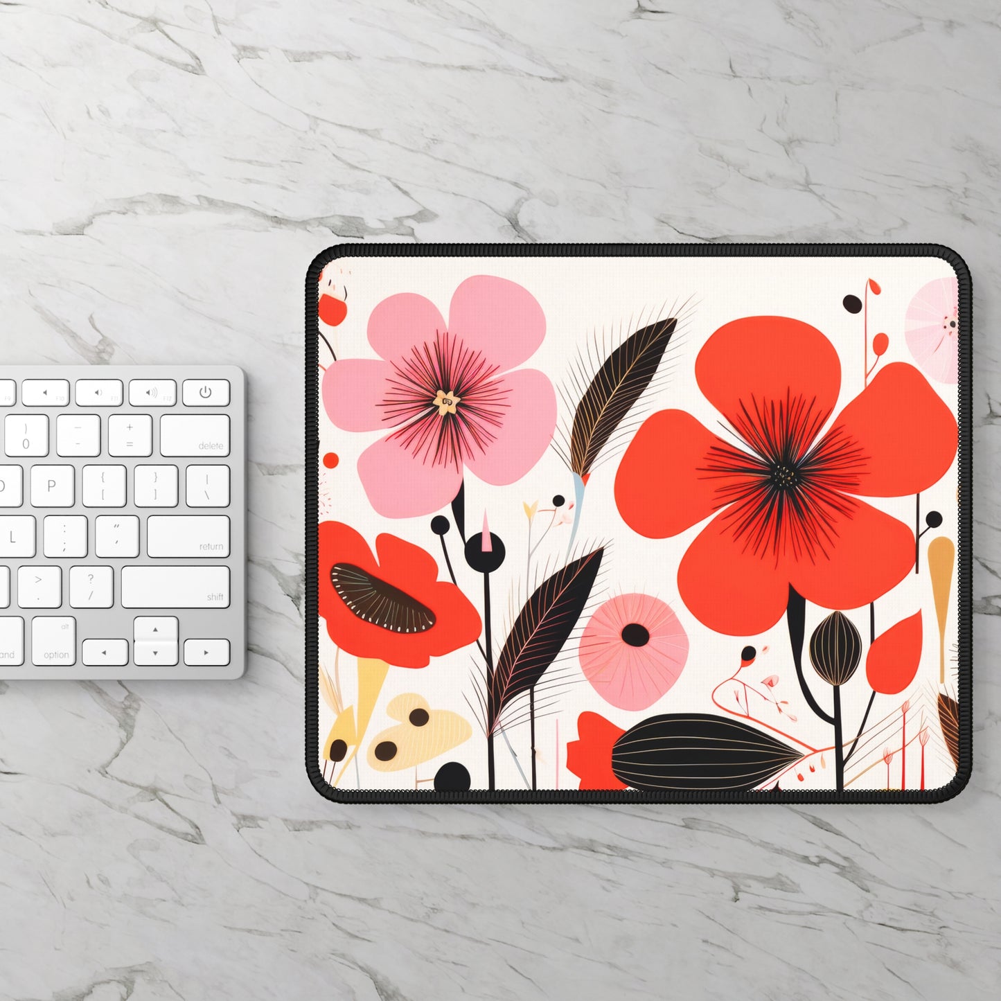 Bohemian Blossoms: Vibrant Red and Pink Flower Garden Gaming Mouse Pad with Finished Edges