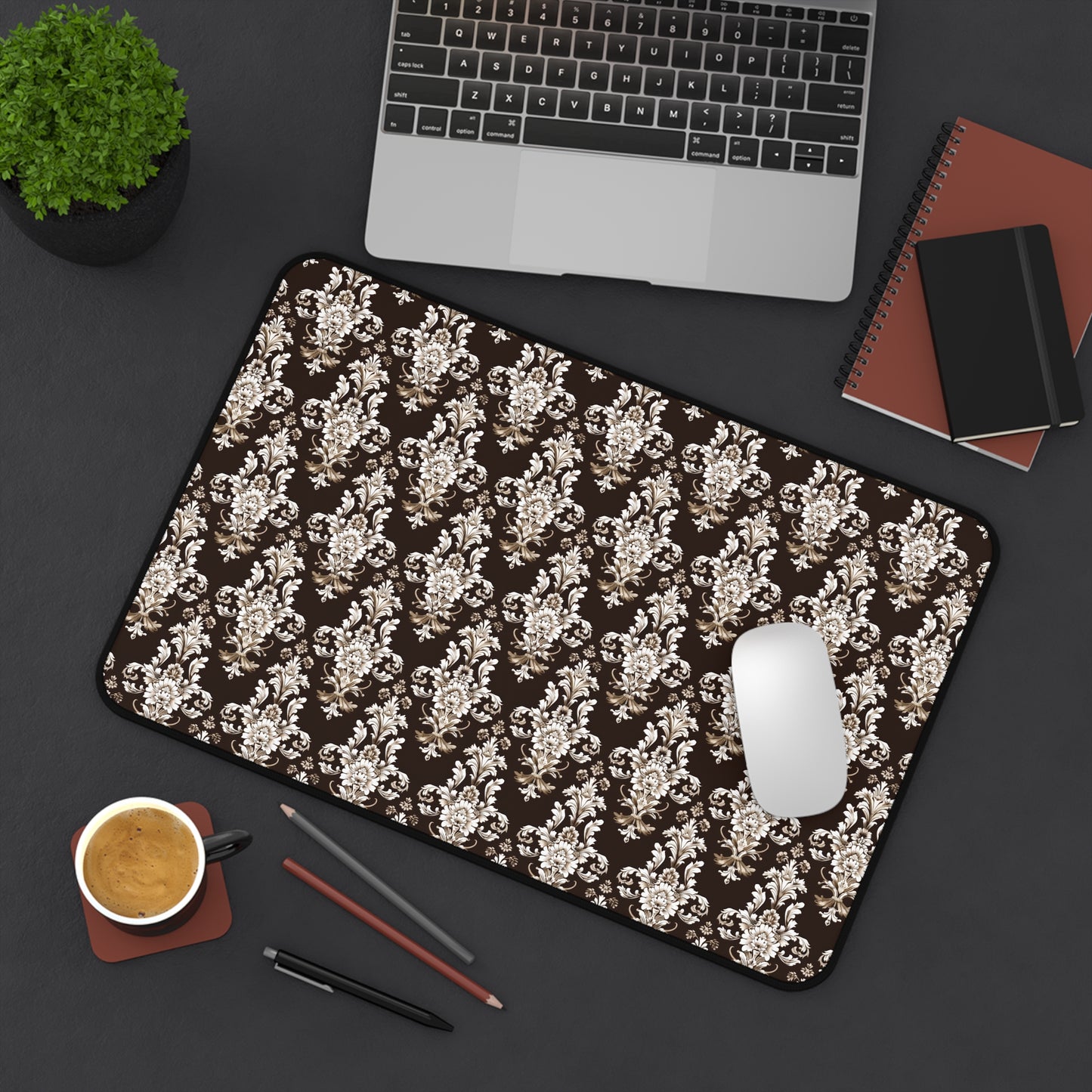 Elegant Rococo Pattern of Intricate Brown and White Floral Scroll Design Gaming Mouse Pad  Desk Mat  - 3 Sizes