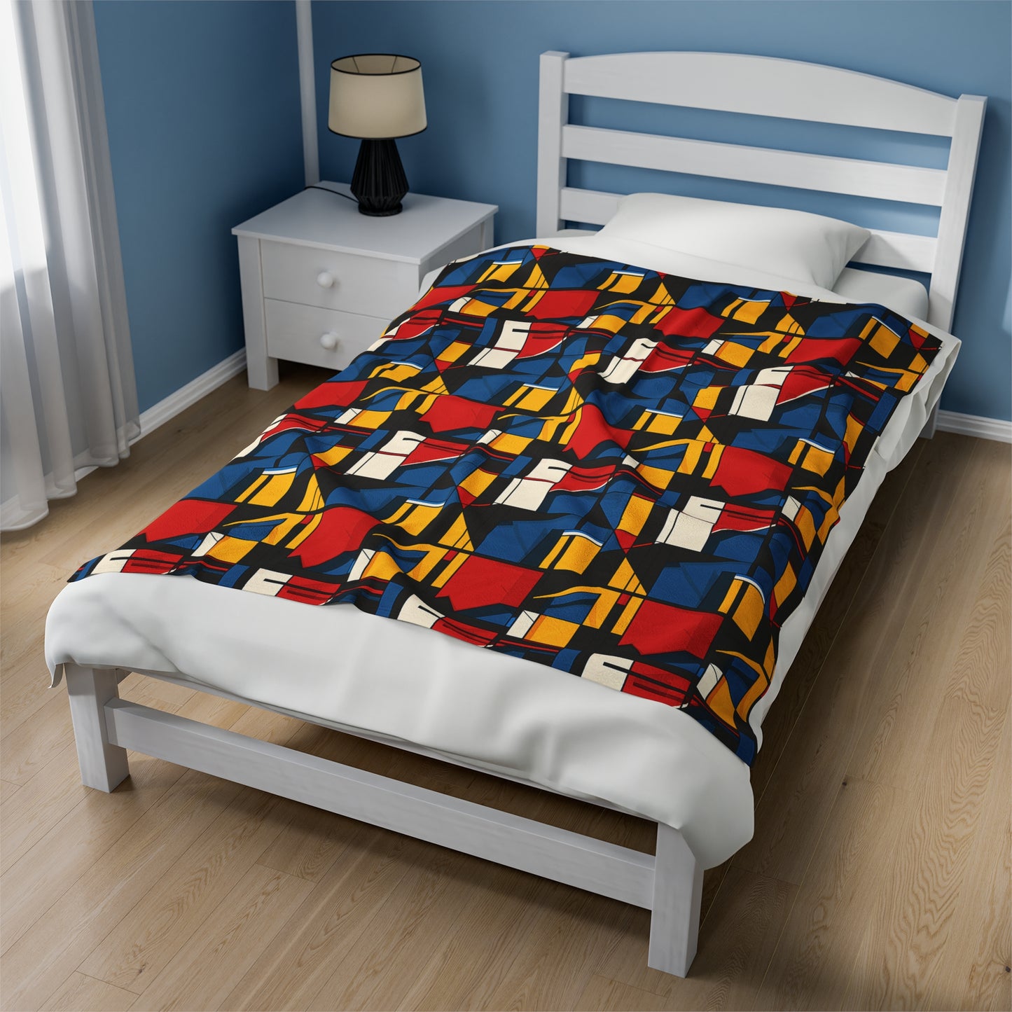 Mondrian-Inspired Bold Primary Colors and Black Lines Abstract Velveteen Plush Blanket 3 Sizes