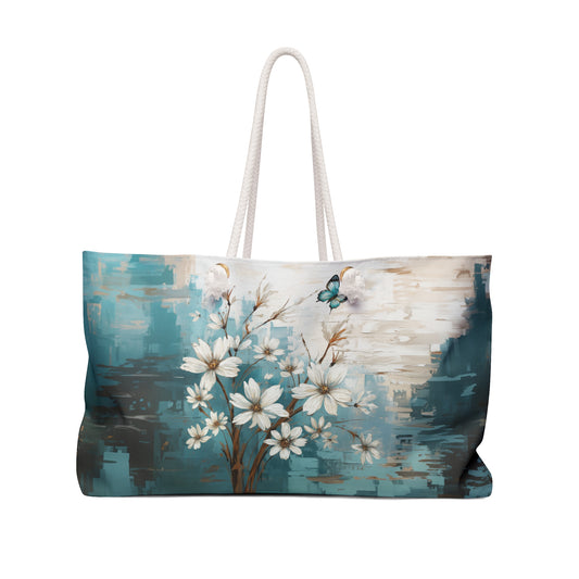 Rustic Farmhouse White and Teal Wild Daisies and Butterflies - Weekender Oversized Canvas Tote Bag 24" × 13"