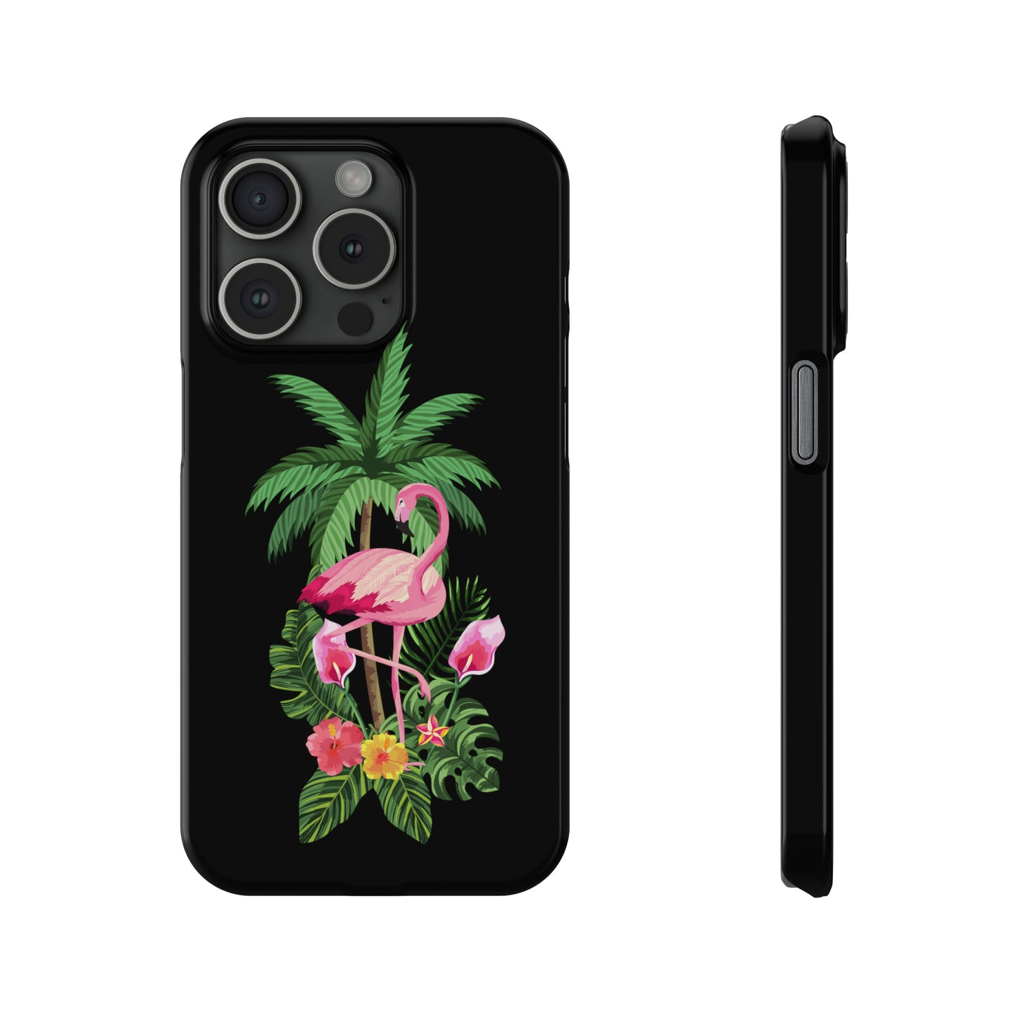 Tropical Pink Flamingo and Flowers Black Background Iphone 15-12 Slim Phone Case