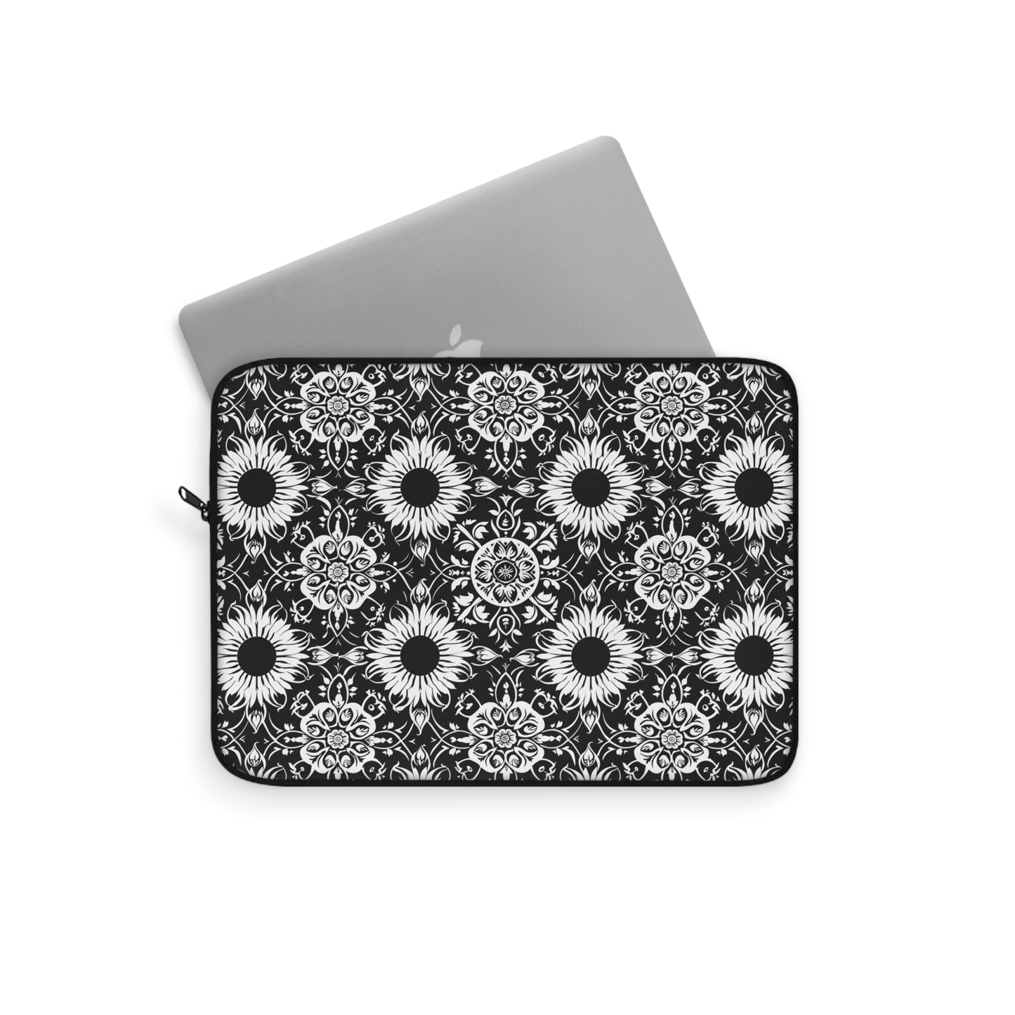 Elegant Mandala Design with Black and White Sunflowers Laptop or Ipad Protective Sleeve 3 Sizes Available