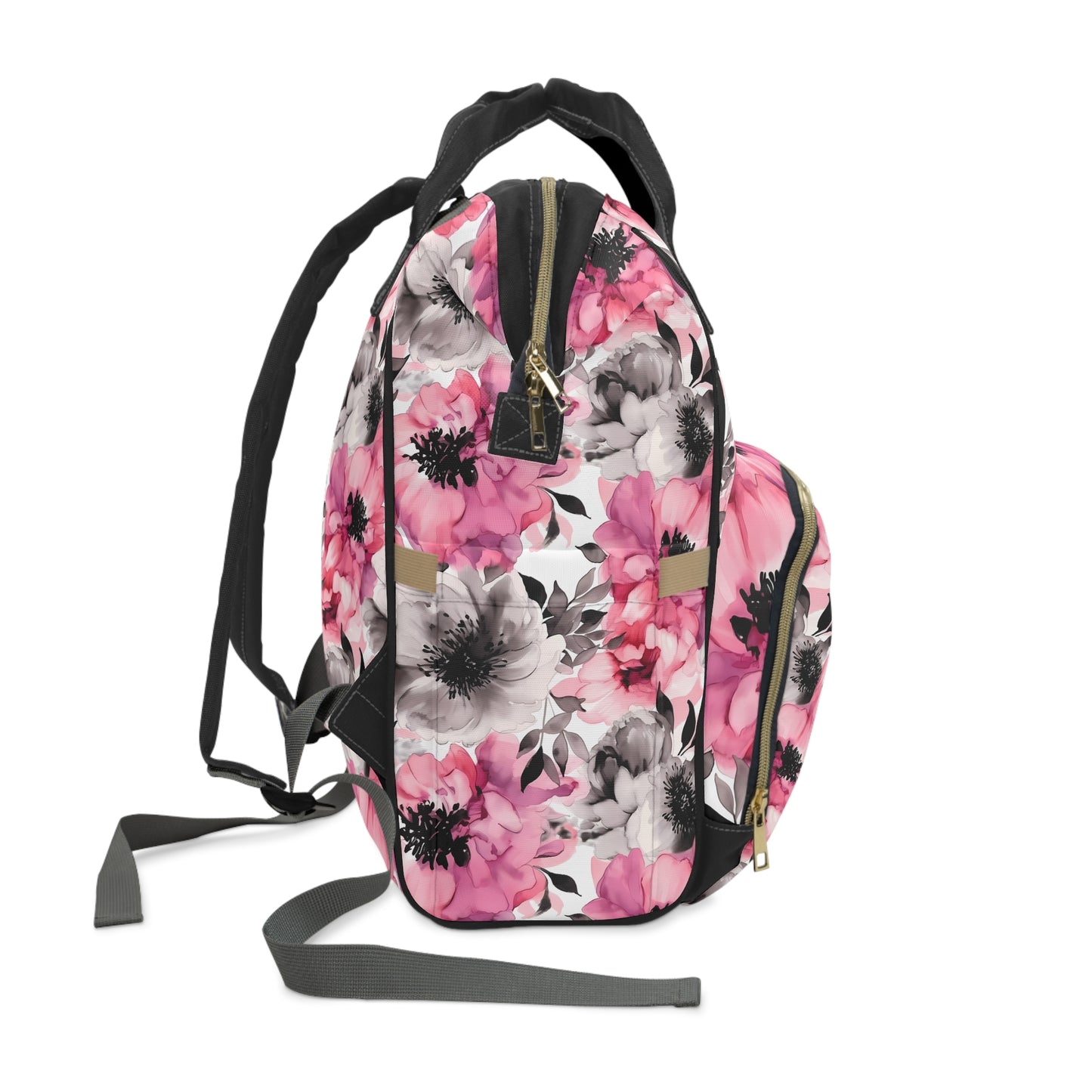 Graceful Elegance: Large Pink and Grey Watercolor Flower Design Multifunctional Diaper Backpack