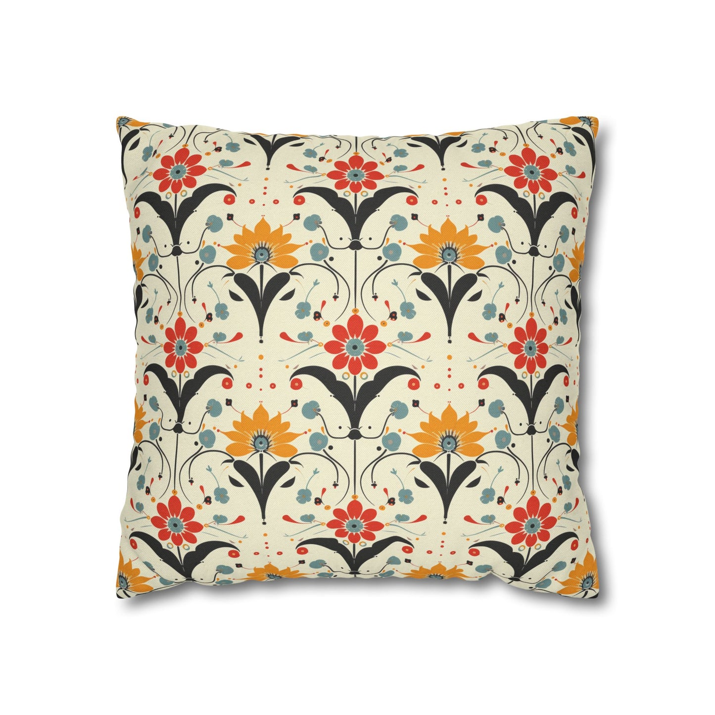 Whimsical Retro Garden in Muted Yellow, Red and Blues Spun Polyester Square Pillowcase 4 Sizes