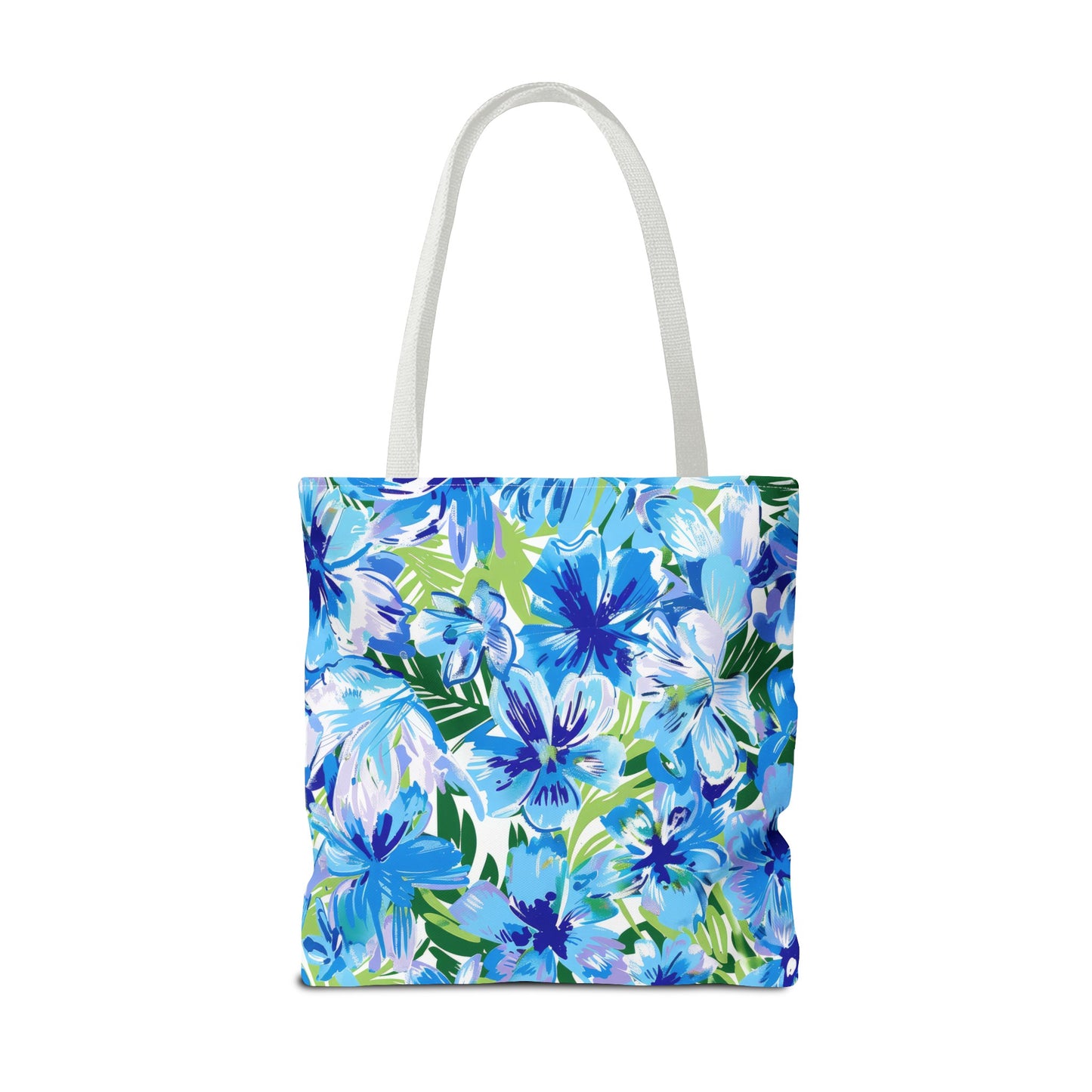 Azure Bloom Oasis: Bright Blue Large Flowers with Lush Green Palm Leaves  Canvas Tote Bag 3 Sizes