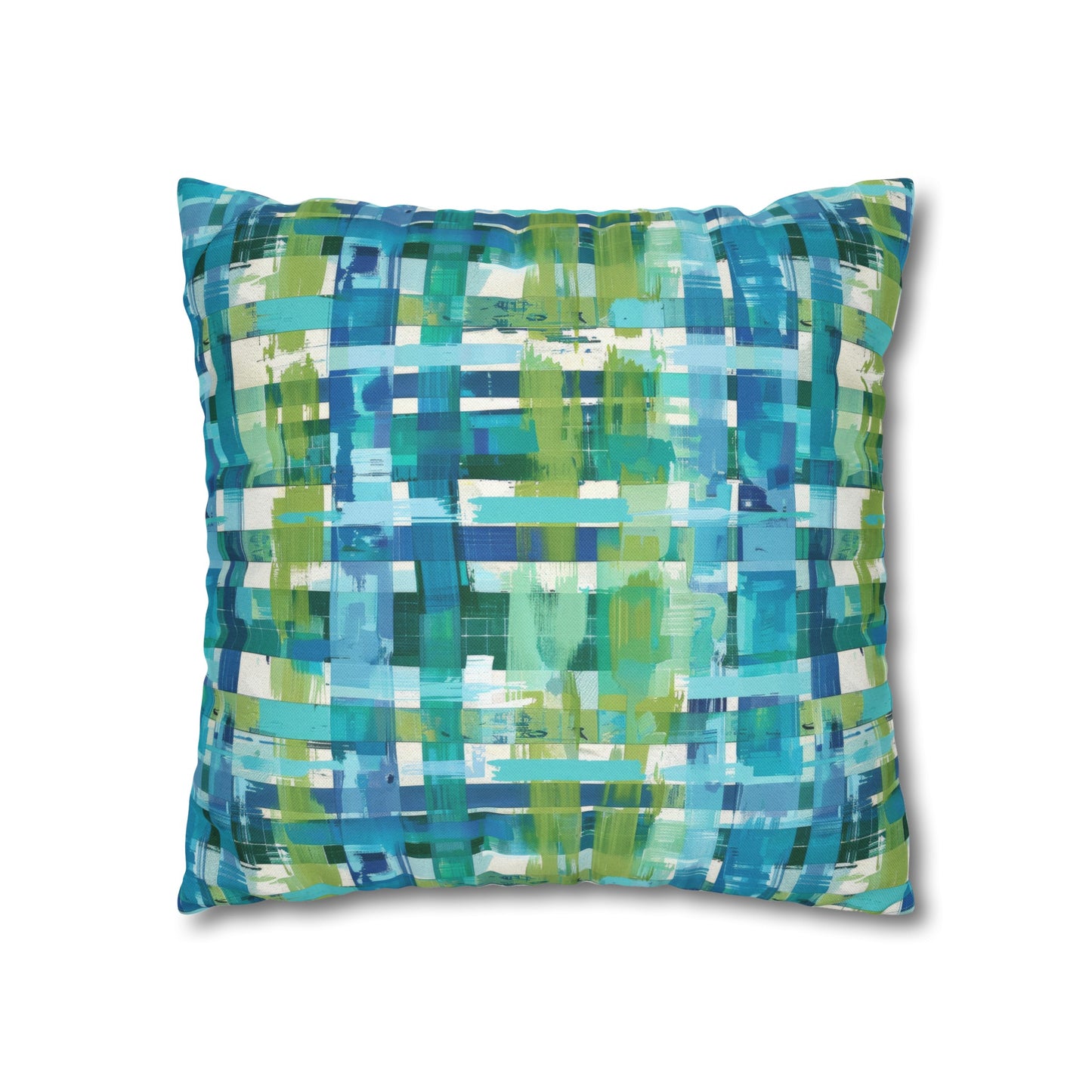 Enchanted Lagoon: Vibrant Green and Blue Abstract Plaid Spun Polyester Square Pillowcase 4 Sizes