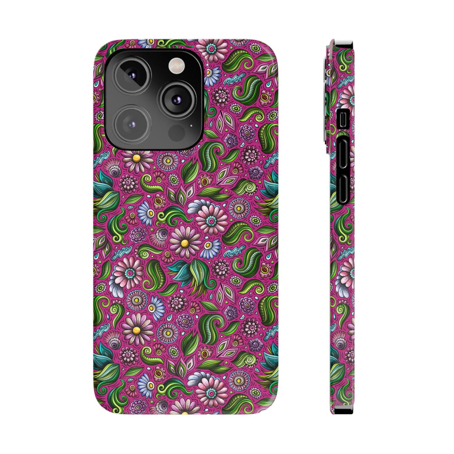 Purple & Pink Daisy Floral Print Hot Pink Background Iphone 15-12 Slim Phone Case