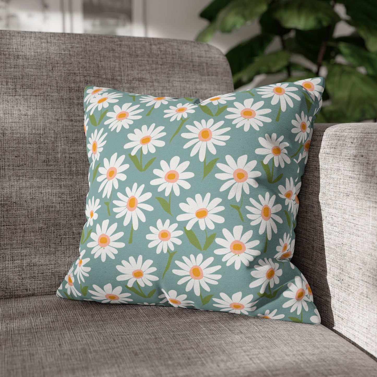 Cheerful Bright Daisy on Pastel Green Spun Polyester Square Pillowcase 4 Sizes