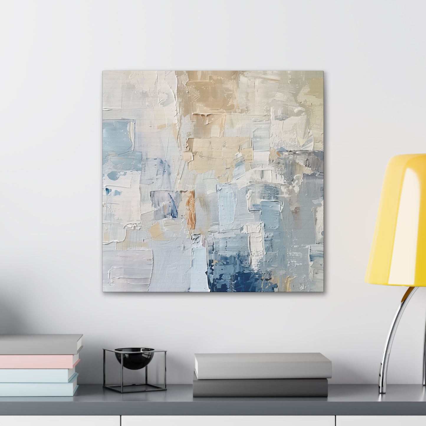 Bold Contrasts Abstract Tan, Grey and Blue Color Blocking with Heavy Strokes Print on Canvas Gallery - 13 Sizes