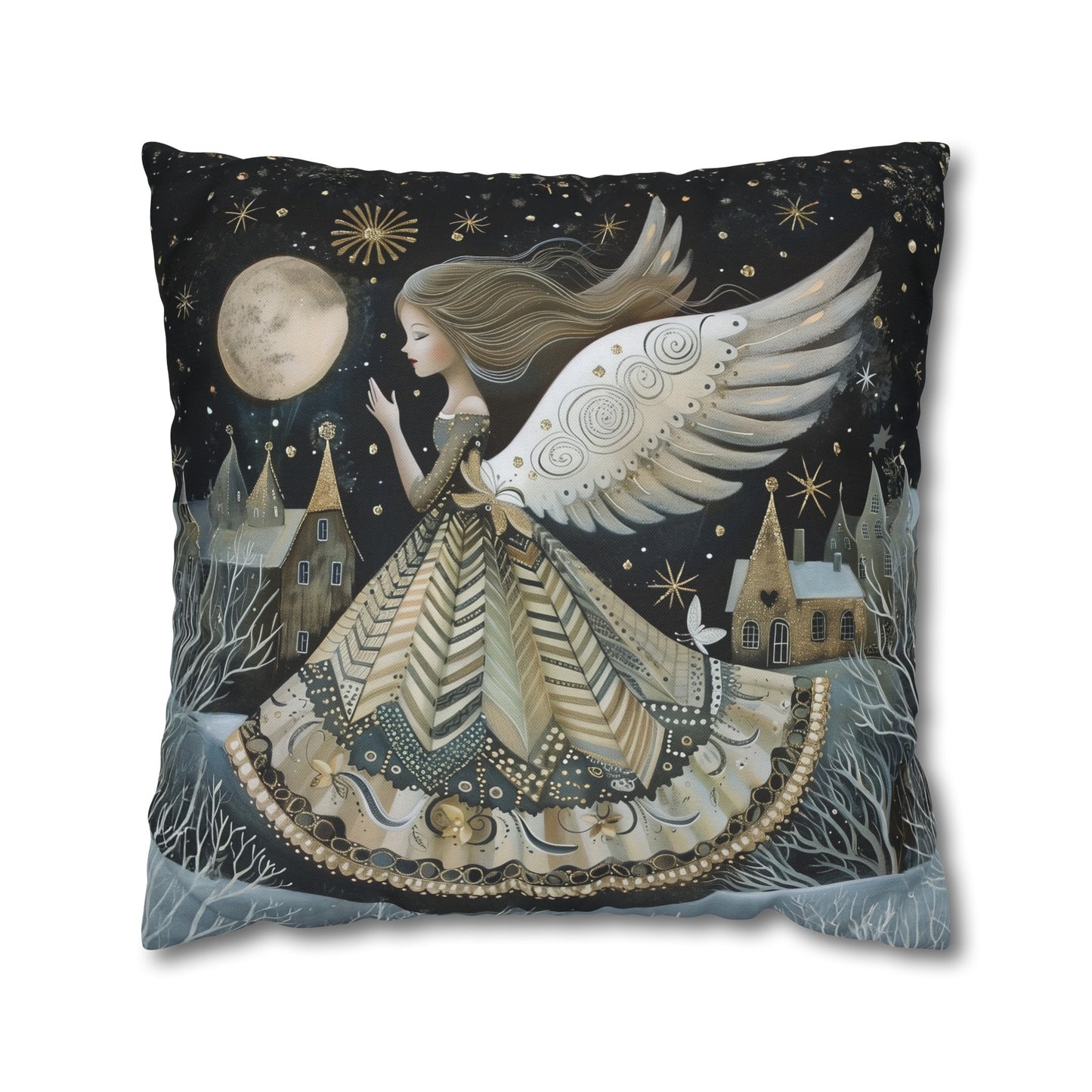 Frosty Angelic Glow: Angel Illuminated by Moonlight on a Snowy Night Spun Polyester Square Pillowcase 4 Sizes