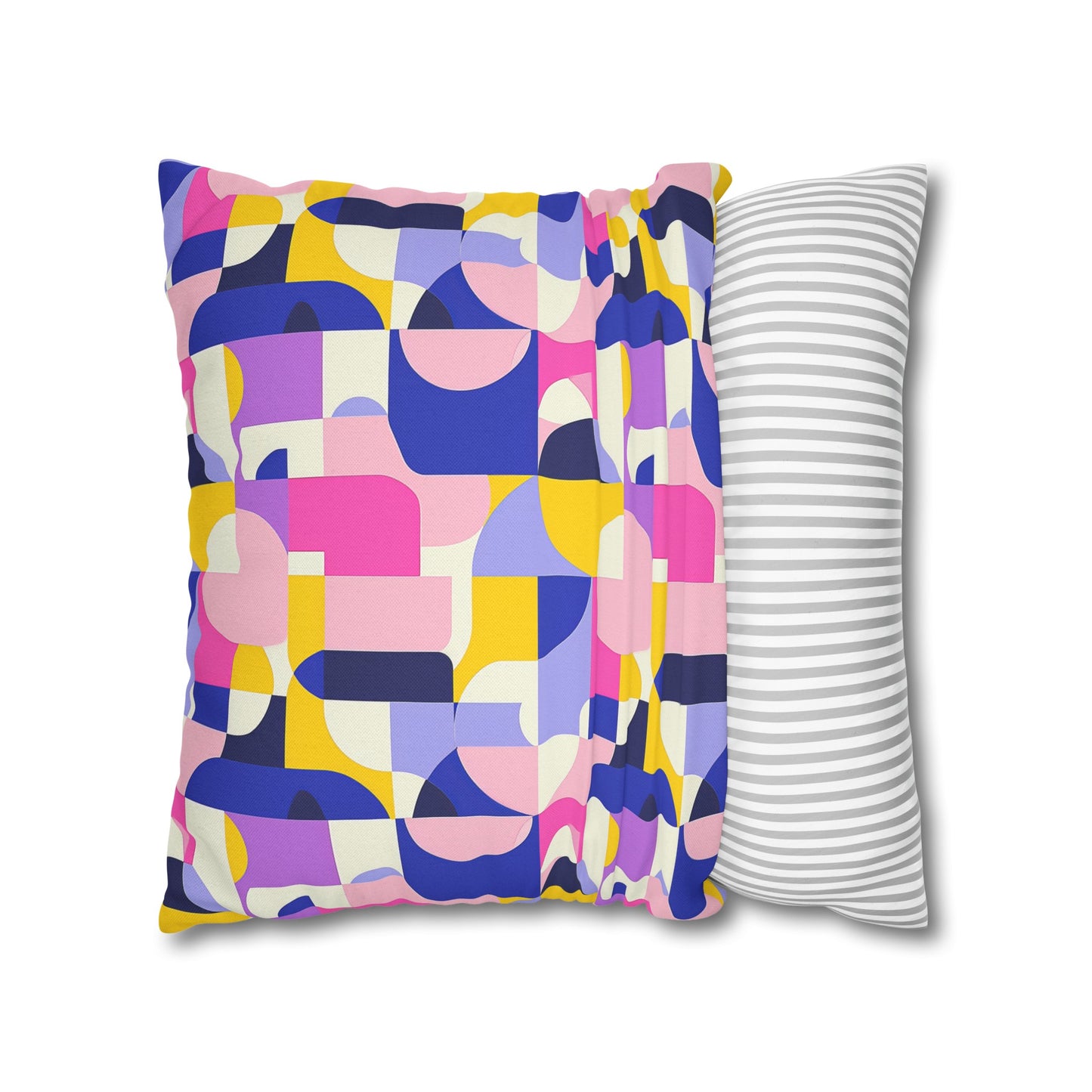 Vibrant Pink, Blue Yellow Color Block Geometric Shapes Spun Polyester Square Pillowcase 4 Sizes