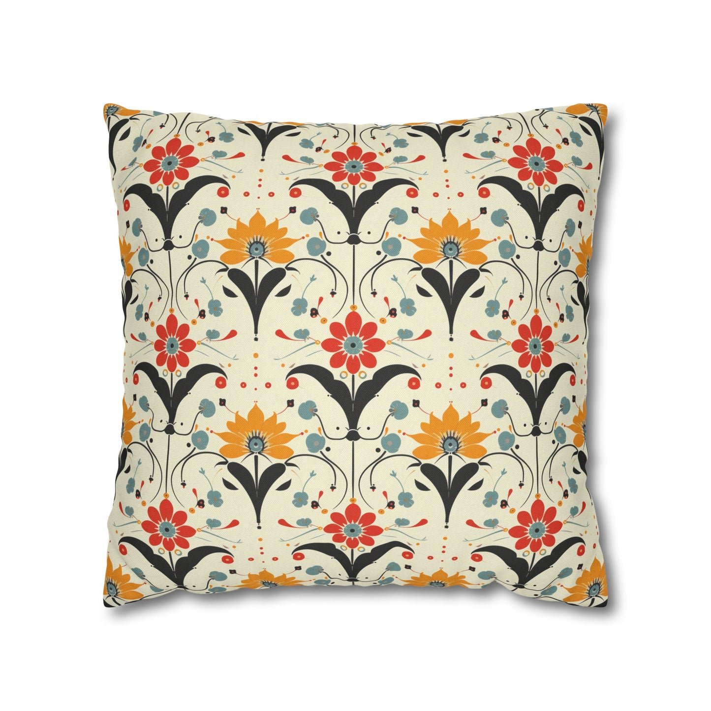 Whimsical Retro Garden in Muted Yellow, Red and Blues Spun Polyester Square Pillowcase 4 Sizes