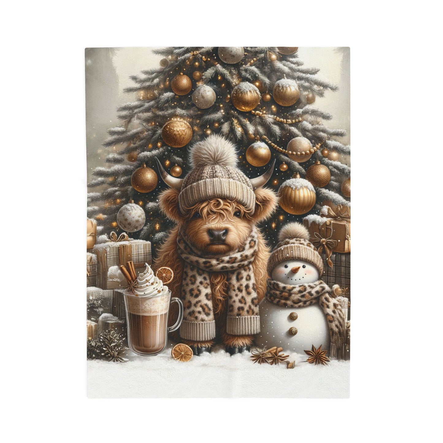 Cute Baby Highland Cow Christmas Trees Presents Leopard Velveteen Plush Blanket 3 Sizes