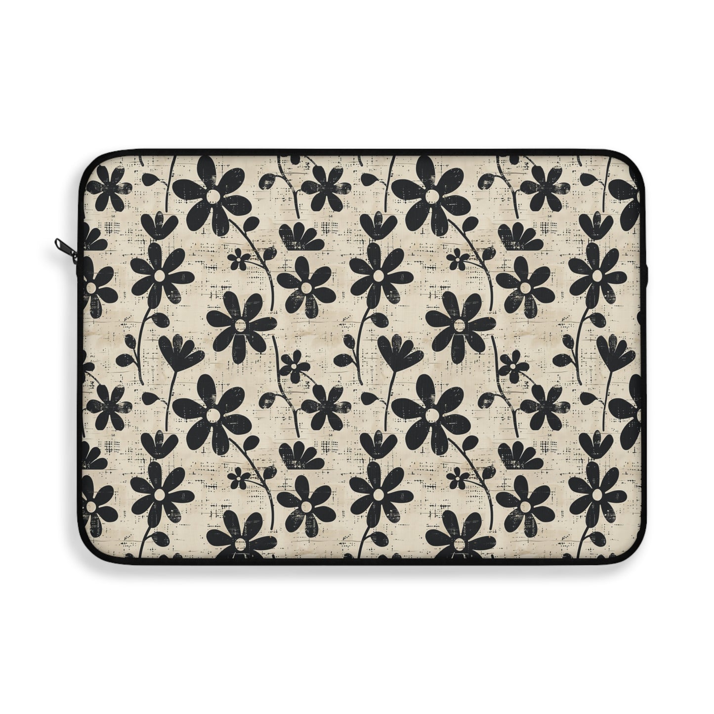 Distressed Black Floral on Beige Background Laptop or Ipad Protective Sleeve 3 Sizes Available