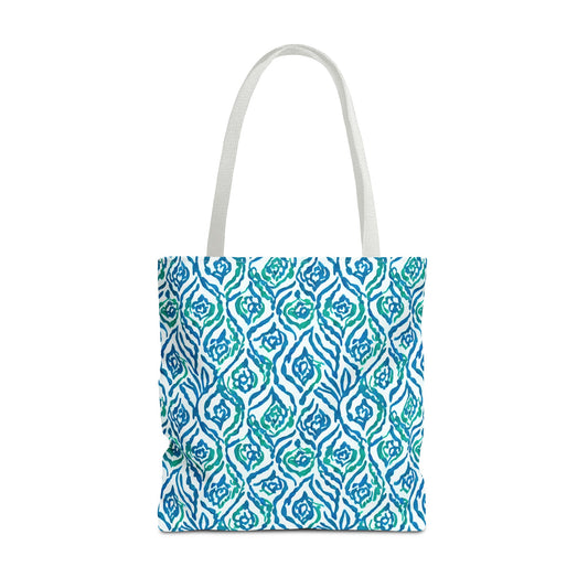 Cool Breeze Elegance: Abstract Damask Pattern in Green and Blue Canvas Tote Bag 3 Sizes