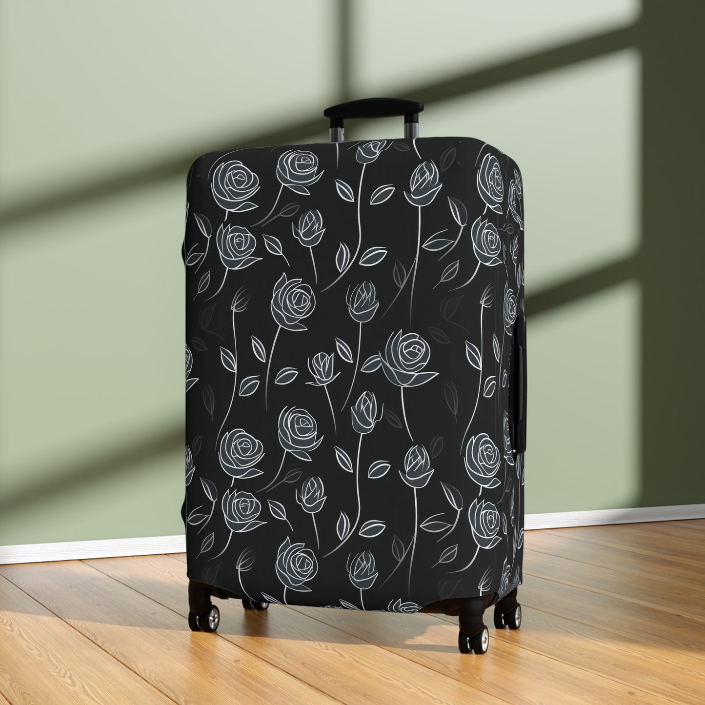 Contrasting Elegance: White Outlined Roses on a Black Background  - Luggage Protector and Cover 3 Sizes