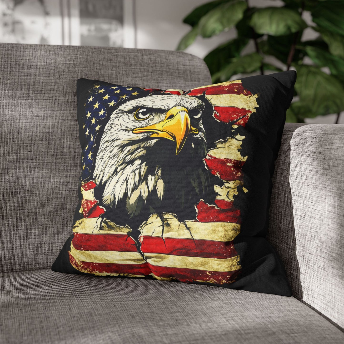 Bold Patriotism American Bald Eagle and Tattered American Flag Spun Polyester Square Pillowcase 4 Sizes