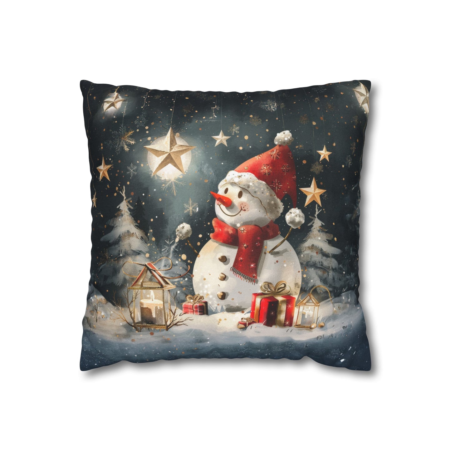 Moonlit Frost: Snowman Basking in Moonlight Surrounded by Presents Spun Polyester Square Pillowcase 4 Sizes