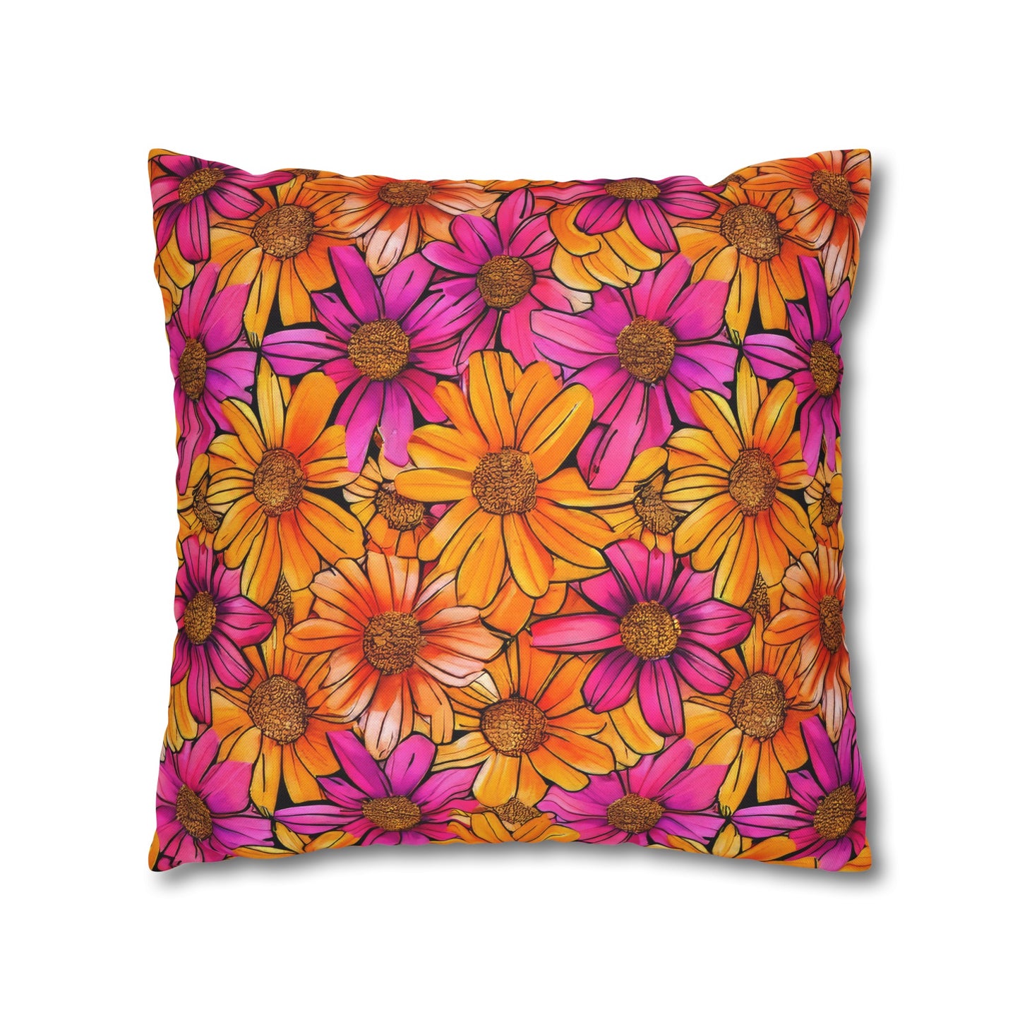 Vibrant Daisy Delight with Bold Orange and Pink Spun Polyester Square Pillowcase 4 Sizes