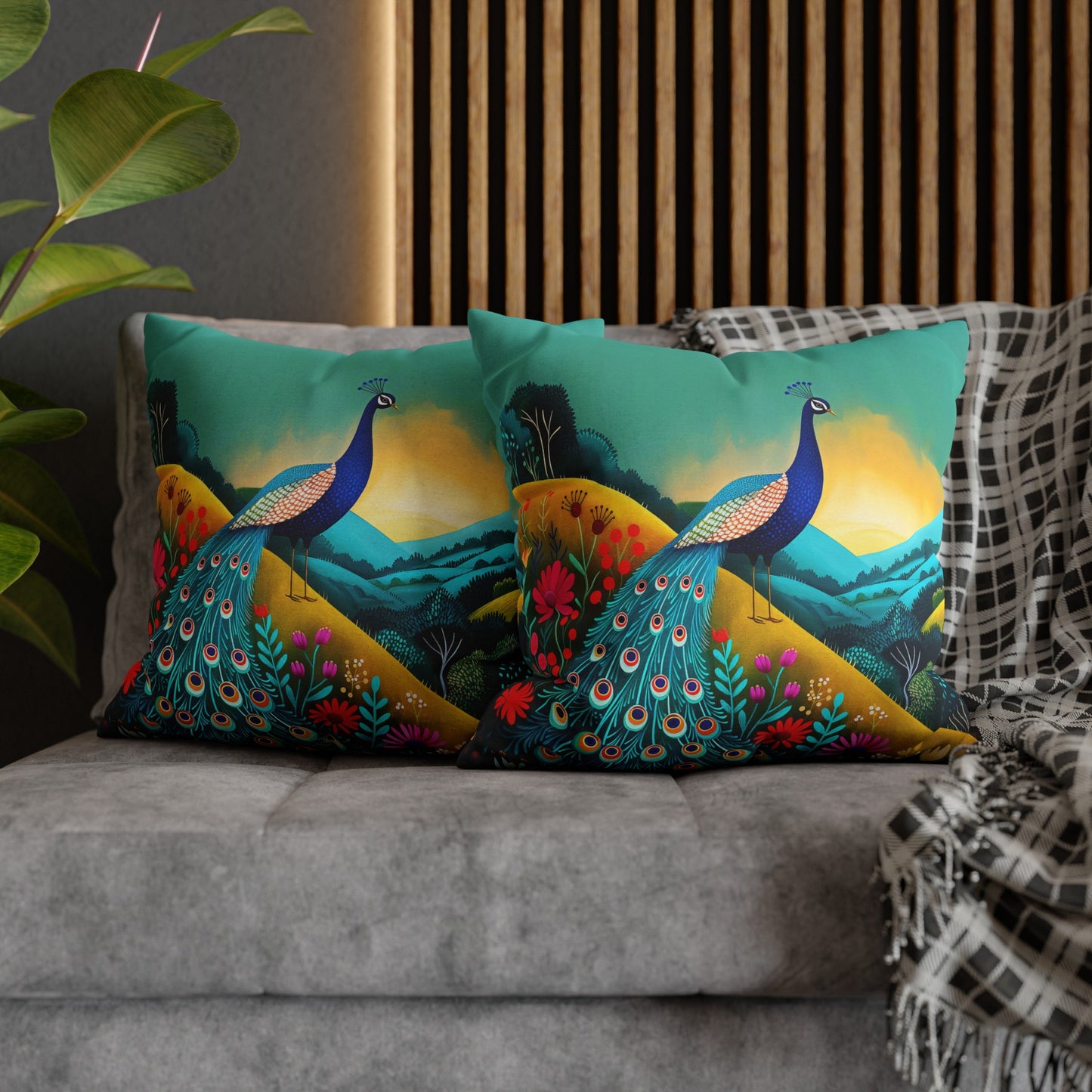 Radiant Peacock with Colorful Enchanted Garden and Sunrise Spun Polyester Square Pillowcase 4 Sizes