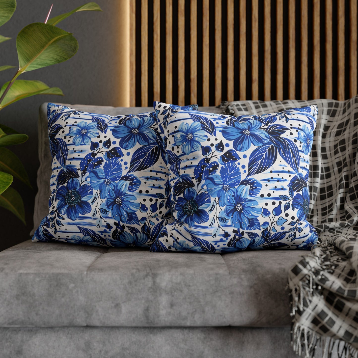 Floral Symphony in Shades of Blue, Harmonized with Abstract Lines Spun Polyester Square Pillowcase 4 Sizes