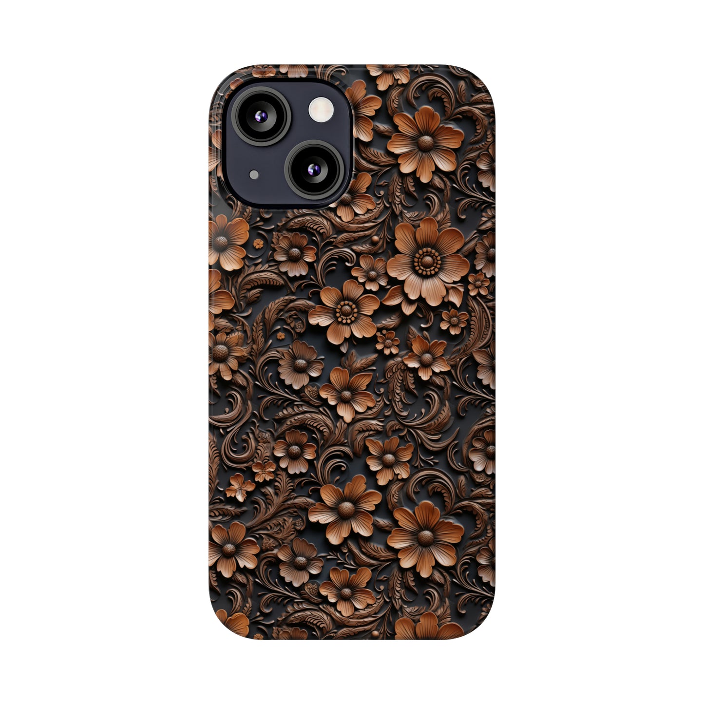 Tooled Deep Brown Leather Flowers Print Design Iphone 15-12 Slim Phone Case