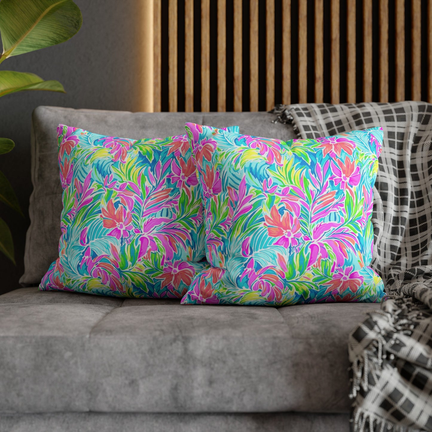 Neon Tropics: Vibrant Rainbow Flowers and Palm Leaves in Electric Splendor Spun Polyester Square Pillowcase 4 Sizes