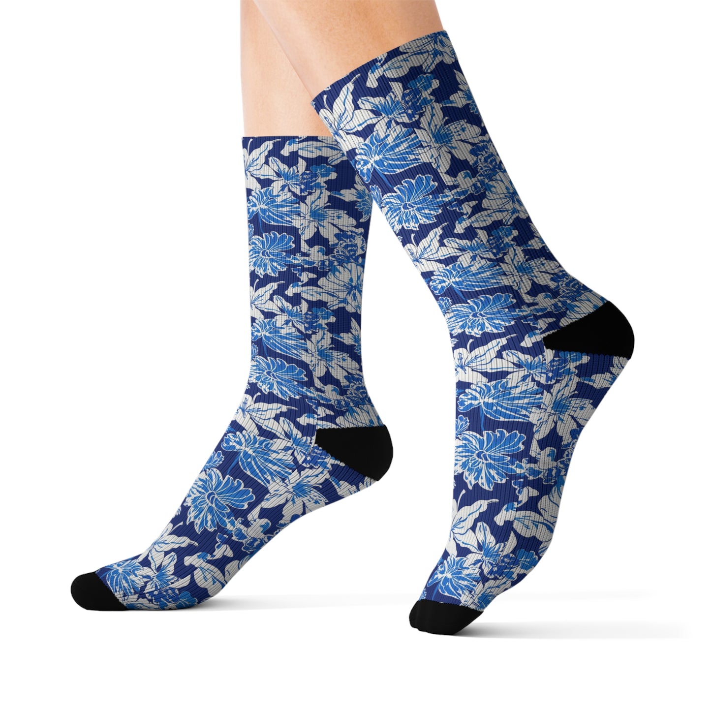 Oceanic Bloom: Watercolor Tropical Flowers in White and Blue against a Deep Blue Background Ribbed Crew Socks